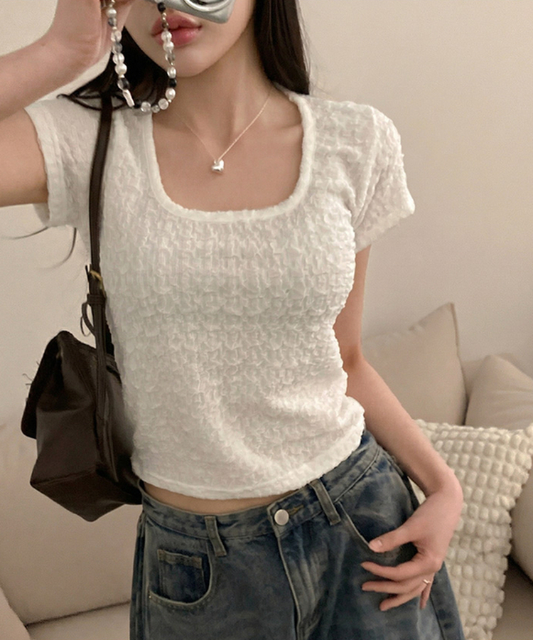 해피 주름 링클 스퀘어넥 슬림핏 반팔 티셔츠 아이보리