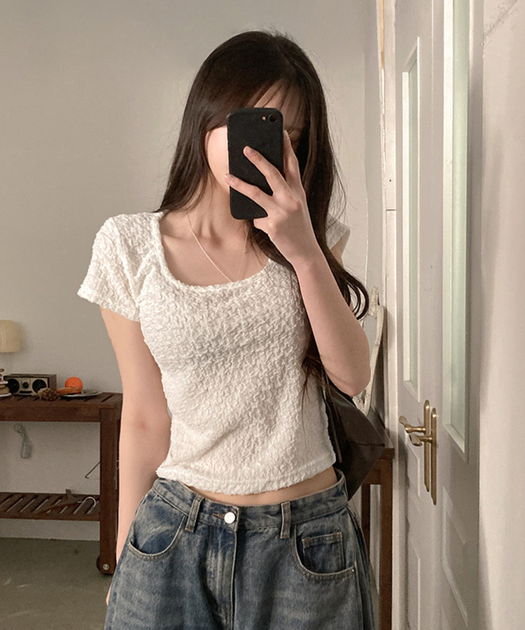 해피 주름 링클 스퀘어넥 슬림핏 반팔 티셔츠 아이보리