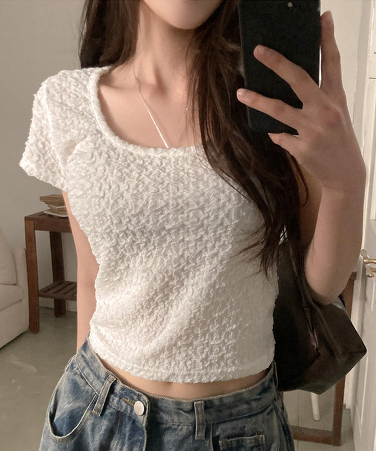 해피 주름 링클 스퀘어넥 슬림핏 반팔 티셔츠 아이보리