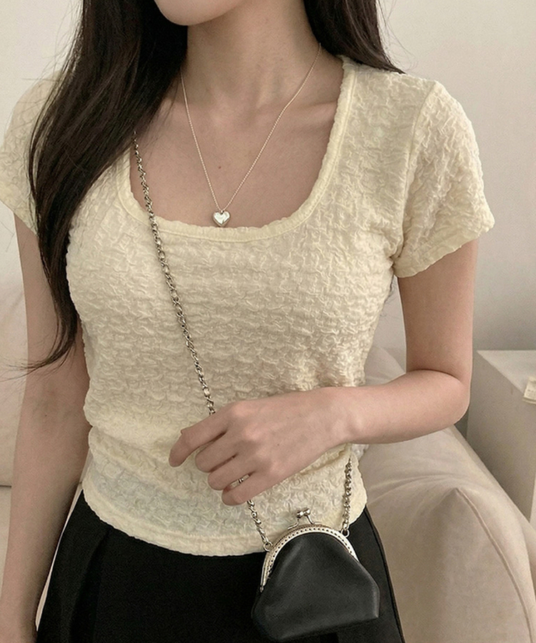 해피 주름 링클 스퀘어넥 슬림핏 반팔 티셔츠 베이지