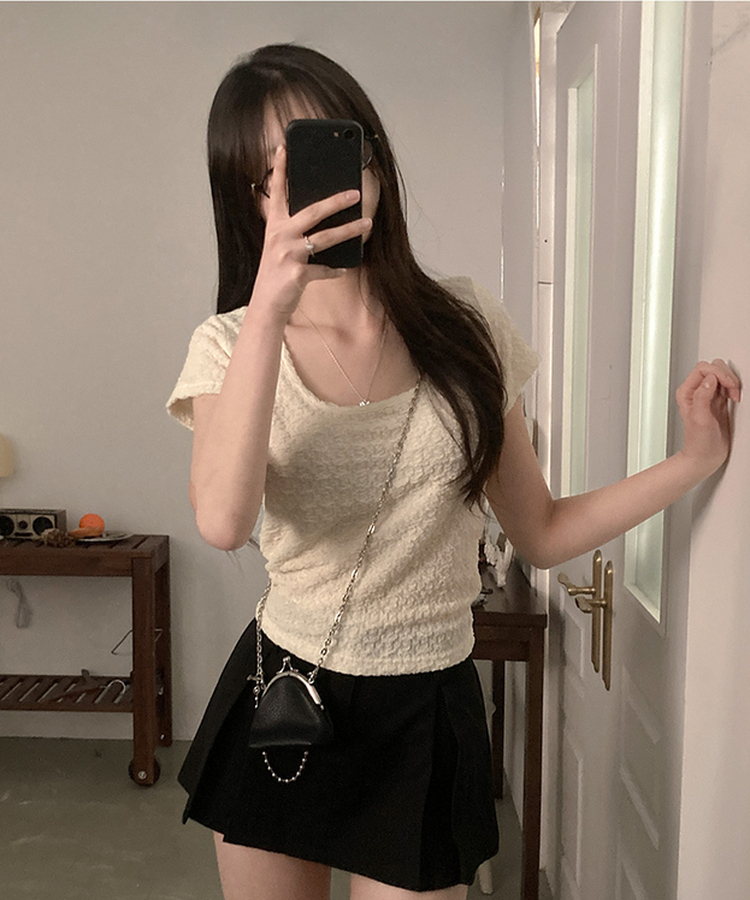 해피 주름 링클 스퀘어넥 슬림핏 반팔 티셔츠 베이지