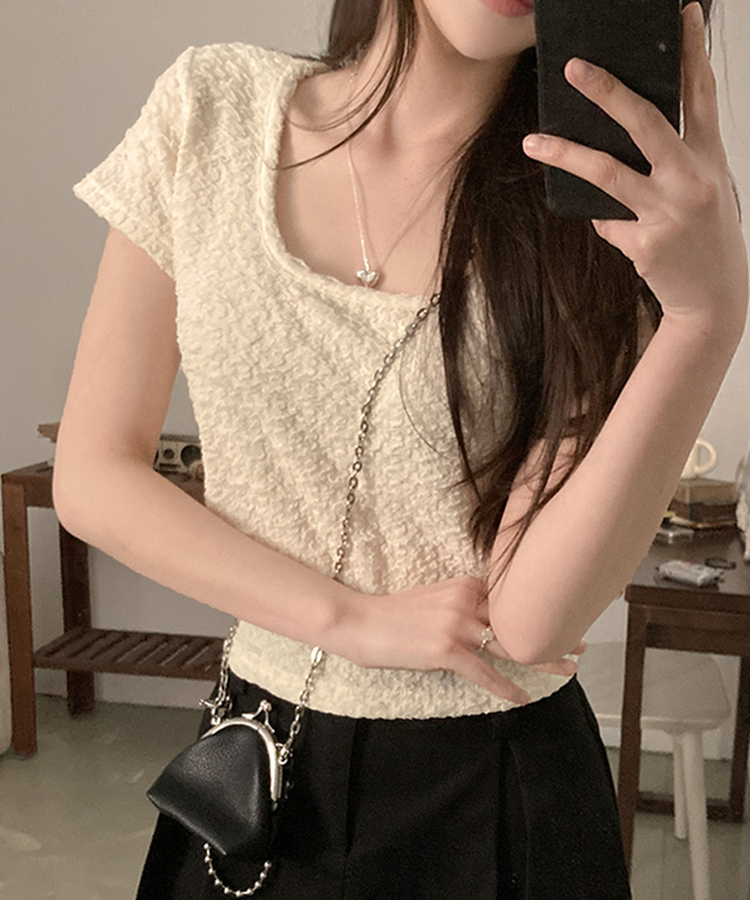 해피 주름 링클 스퀘어넥 슬림핏 반팔 티셔츠 베이지