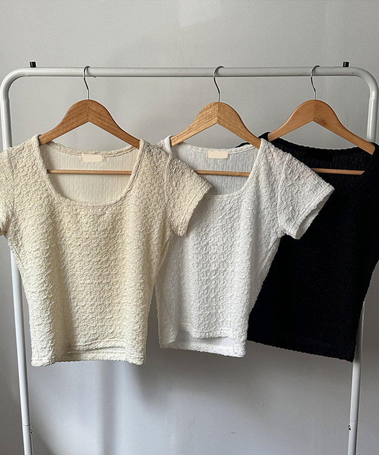 해피 주름 링클 스퀘어넥 슬림핏 반팔 티셔츠