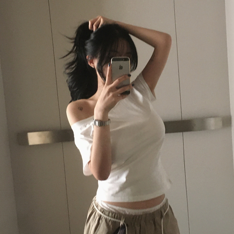 ワンショルダー半袖Tシャツ(5color) WHITE