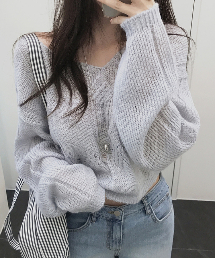 Vネックシースルーニット SKY BLUE