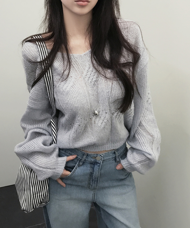 Vネックシースルーニット SKY BLUE