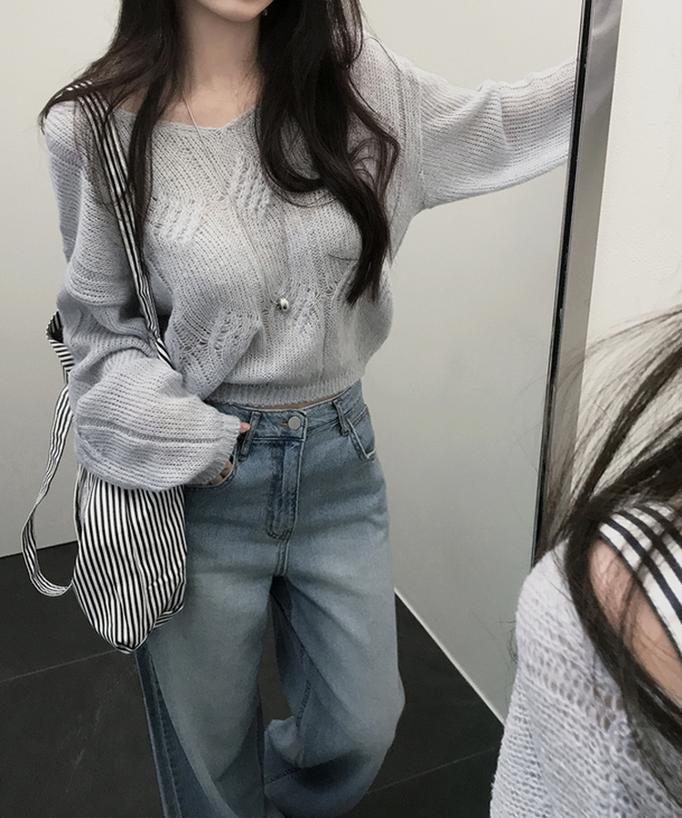 Vネックシースルーニット SKY BLUE