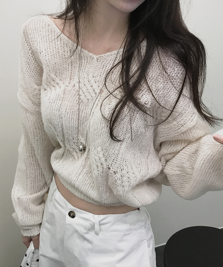 Vネックシースルーニット LIGHT BEIGE