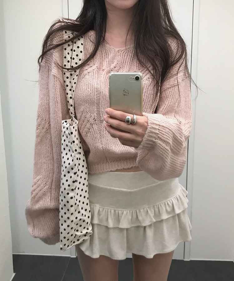 Vネックシースルーニット PINK