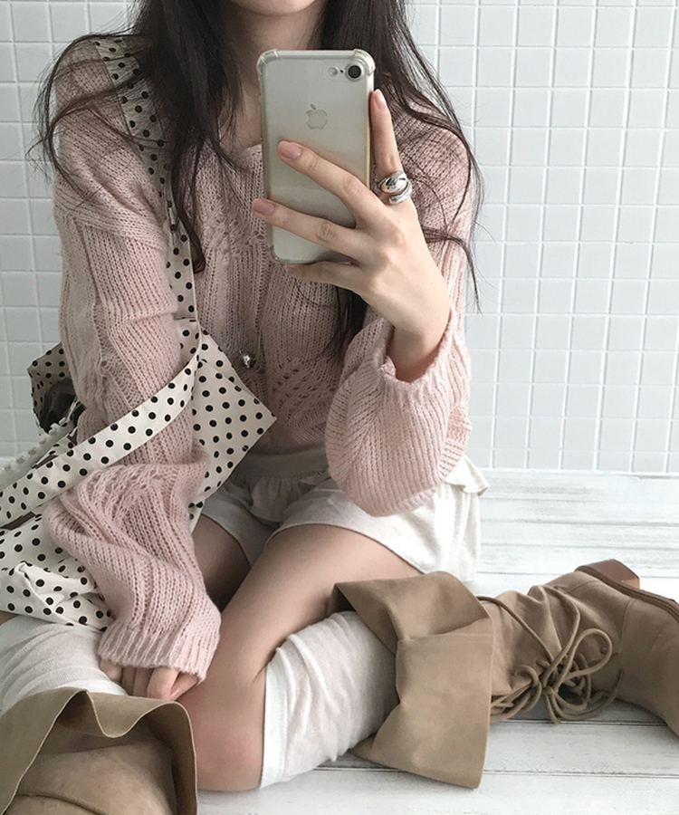 Vネックシースルーニット PINK