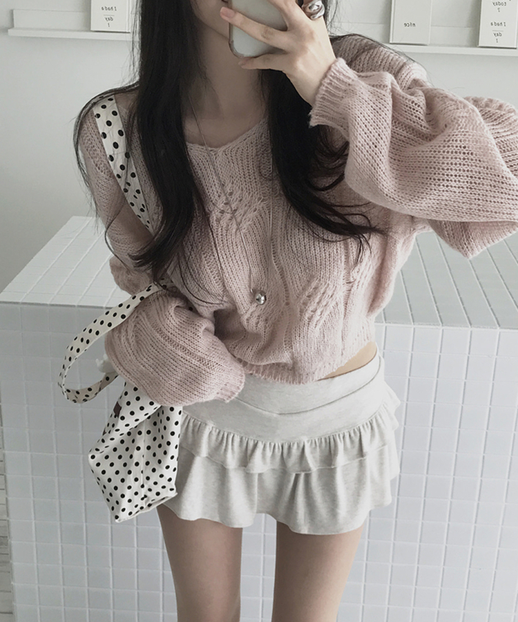 Vネックシースルーニット PINK