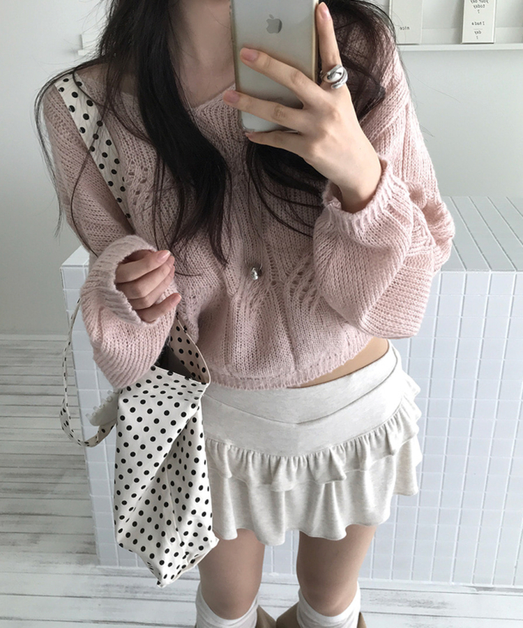 Vネックシースルーニット PINK