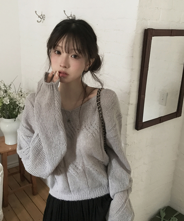 Vネックシースルーニット GREY