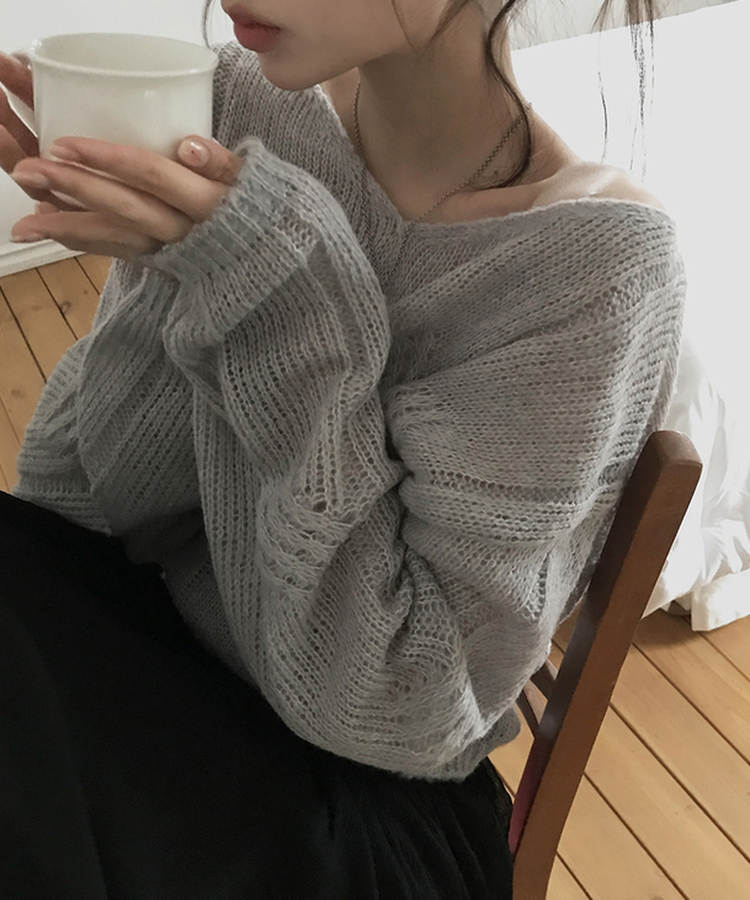 Vネックシースルーニット GREY