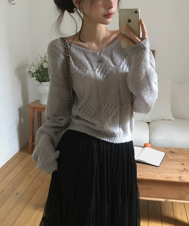 Vネックシースルーニット GREY