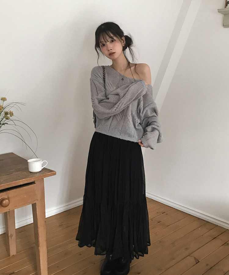 Vネックシースルーニット GREY