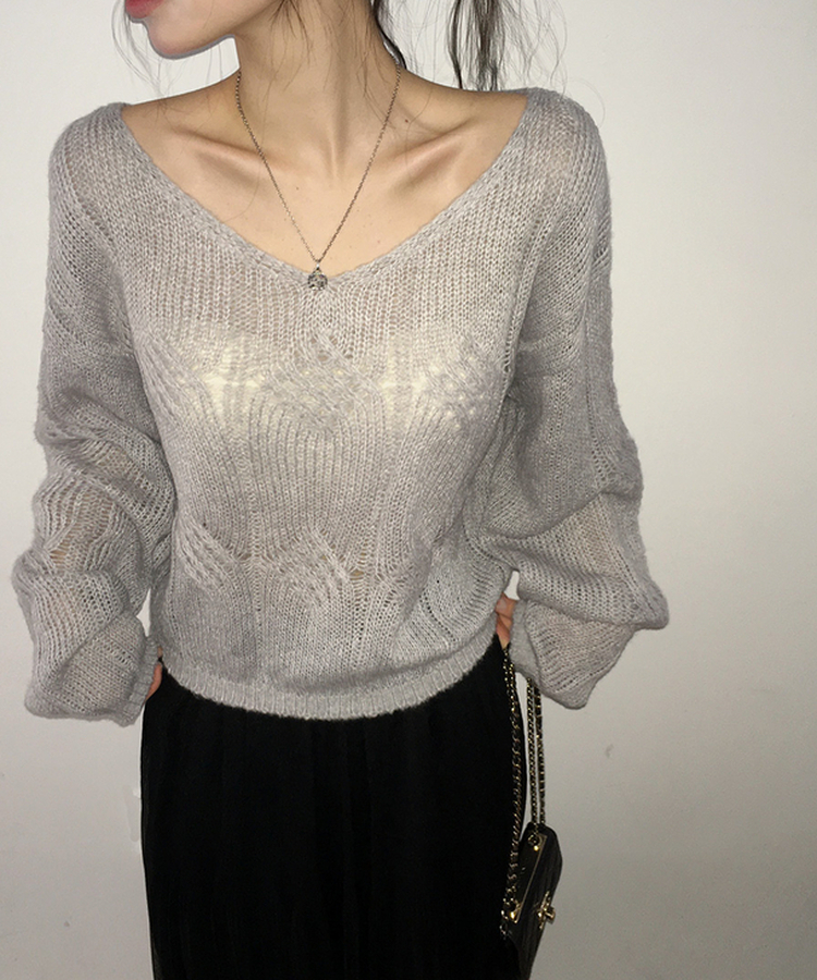 Vネックシースルーニット GREY