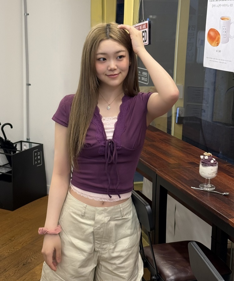 레이스 리본 반팔 티셔츠 퍼플