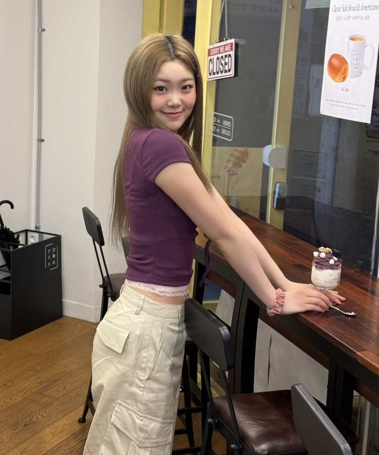 레이스 리본 반팔 티셔츠 퍼플