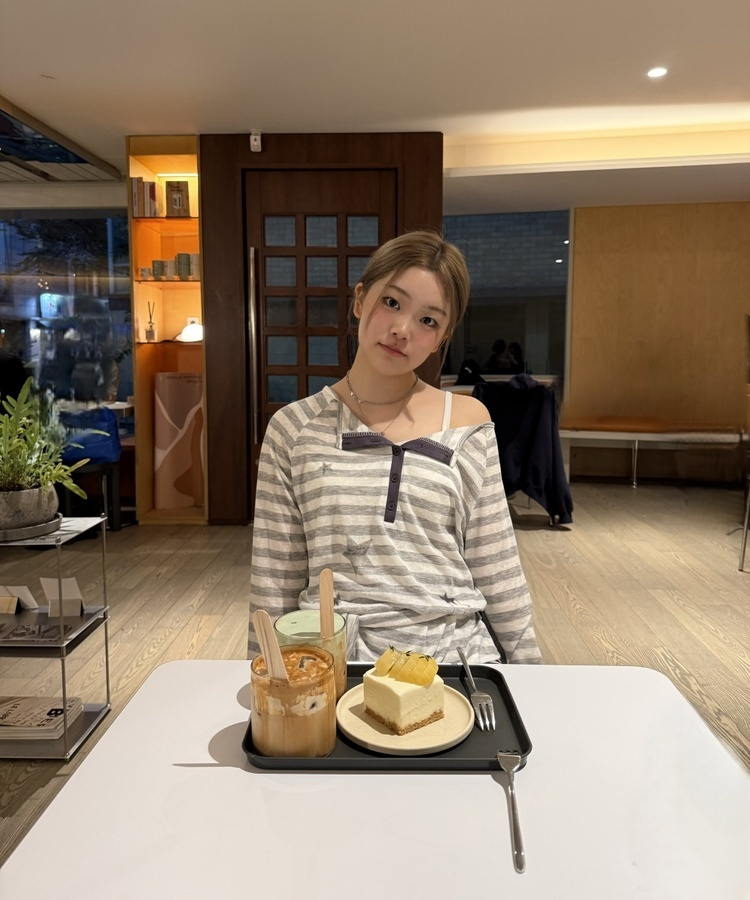 스트라이프 헨리넥 티셔츠 그레이