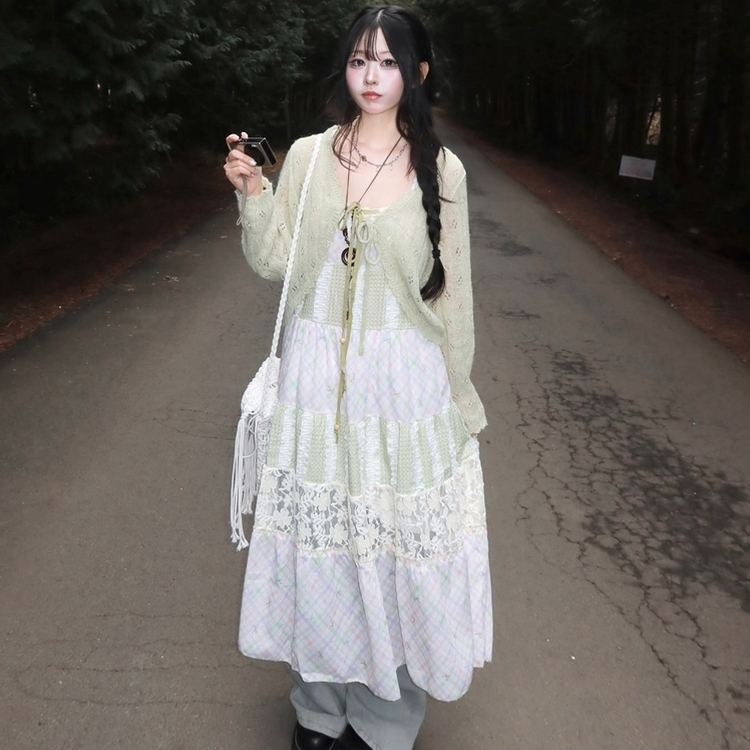 여리 미소녀 레이스 패치 캉캉 리본 끈조절 롱원피스 보헤미안 휴양지 미소녀 여리 여행 핑크