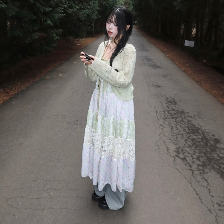 여리 미소녀 레이스 패치 캉캉 리본 끈조절 롱원피스 보헤미안 휴양지 미소녀 여리 여행 핑크