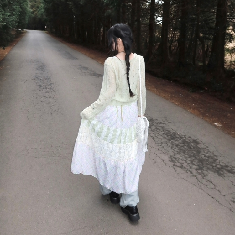 여리 미소녀 레이스 패치 캉캉 리본 끈조절 롱원피스 보헤미안 휴양지 미소녀 여리 여행 핑크