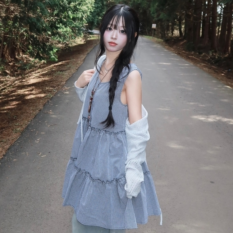 퐁실 시원 모리걸 빈티지 휴양지 유넥 체크 버튼 캉캉 미디 레이어드 원피스 블랙