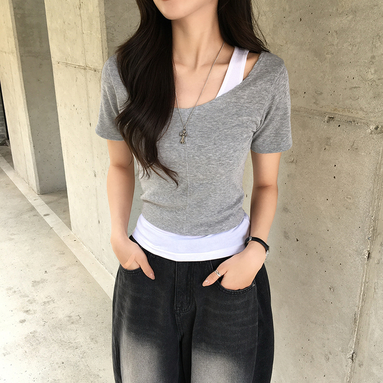 【SET】ホルターネックキャミソール 半袖Tシャツ(5color) GREY