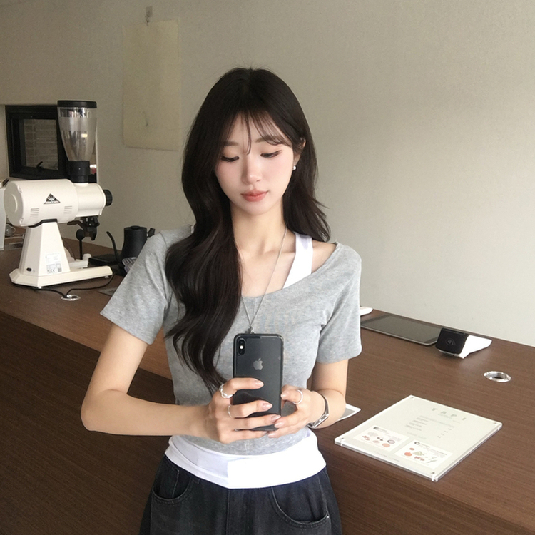 【SET】ホルターネックキャミソール 半袖Tシャツ(5color) GREY