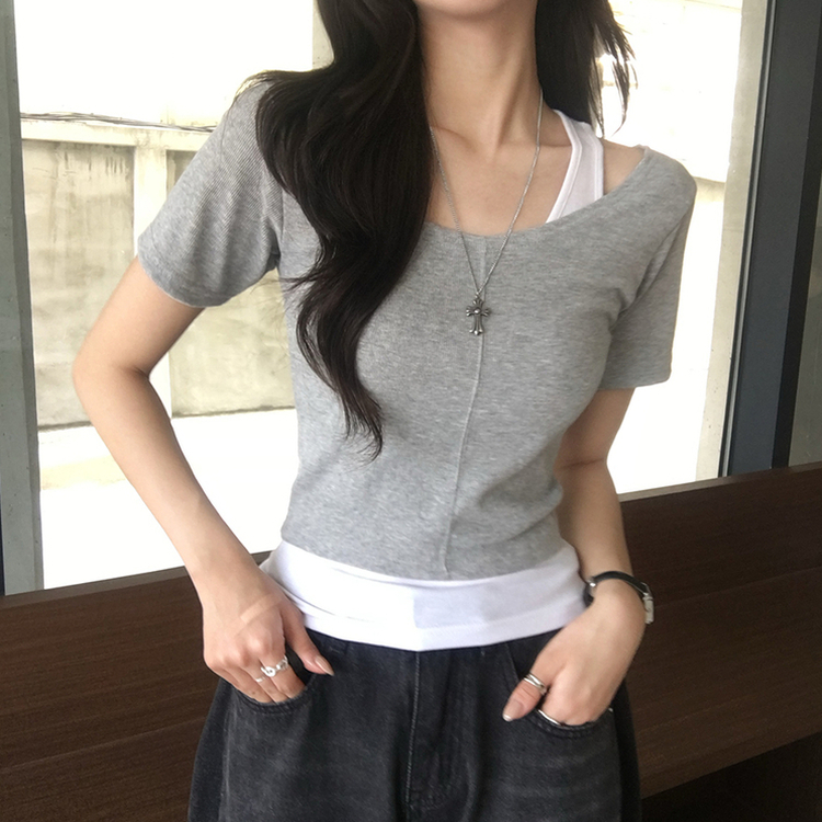 【SET】ホルターネックキャミソール 半袖Tシャツ(5color) GREY