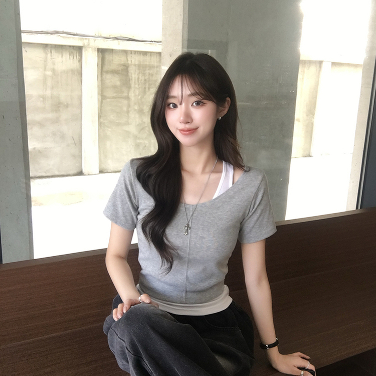 【SET】ホルターネックキャミソール 半袖Tシャツ(5color) GREY