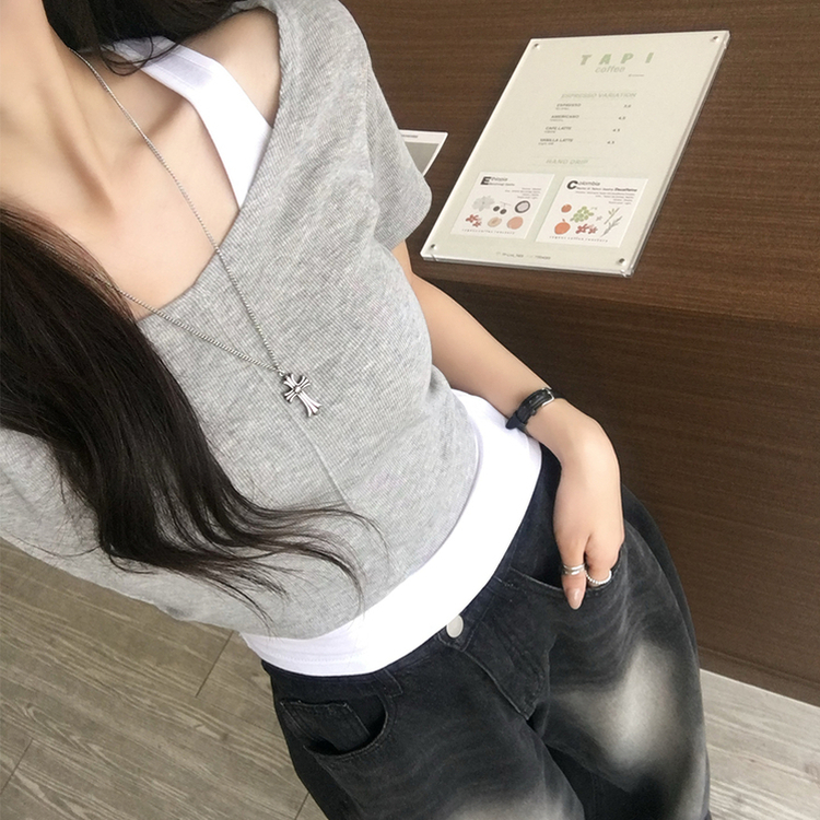 【SET】ホルターネックキャミソール 半袖Tシャツ(5color) GREY