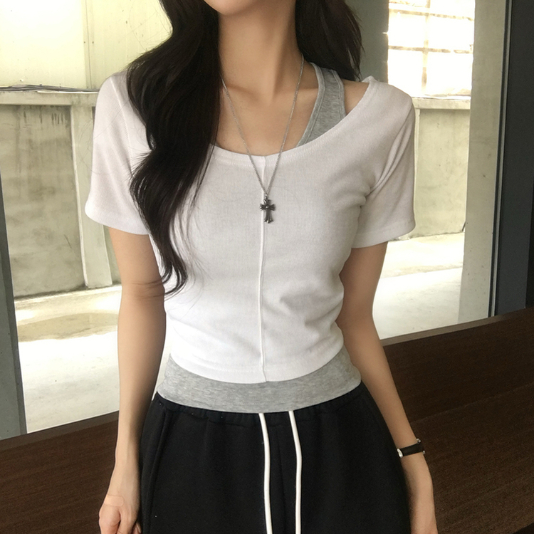 【SET】ホルターネックキャミソール 半袖Tシャツ(5color) WHITE