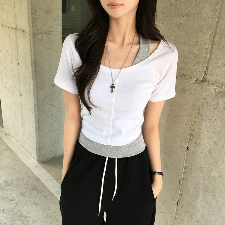 【SET】ホルターネックキャミソール 半袖Tシャツ(5color) WHITE