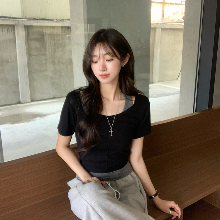 【SET】ホルターネックキャミソール 半袖Tシャツ(5color) BLACK