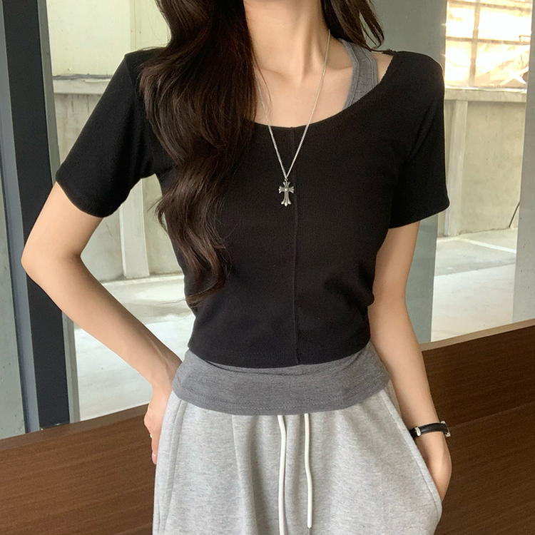 【SET】ホルターネックキャミソール 半袖Tシャツ(5color) BLACK