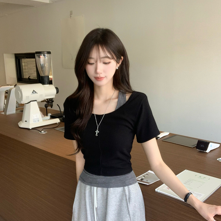 【SET】ホルターネックキャミソール 半袖Tシャツ(5color) BLACK