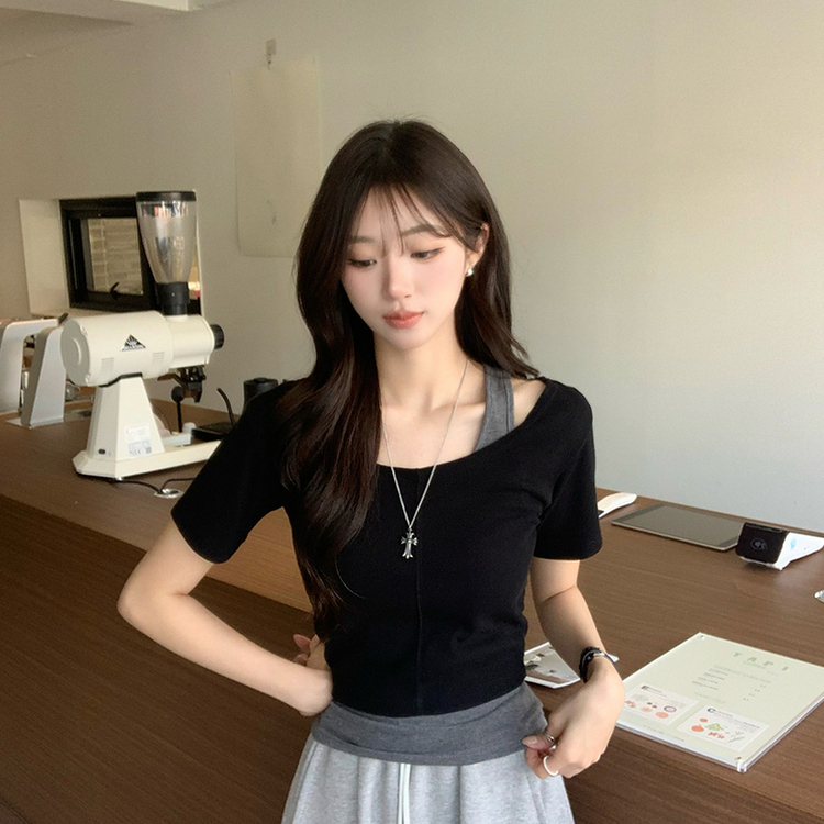 【SET】ホルターネックキャミソール 半袖Tシャツ(5color) BLACK