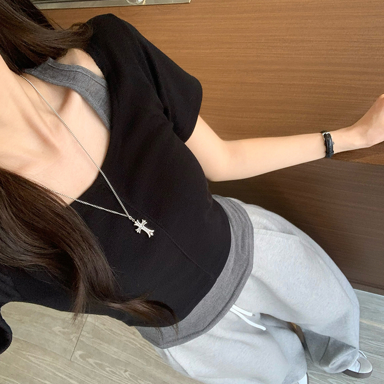 【SET】ホルターネックキャミソール 半袖Tシャツ(5color) BLACK