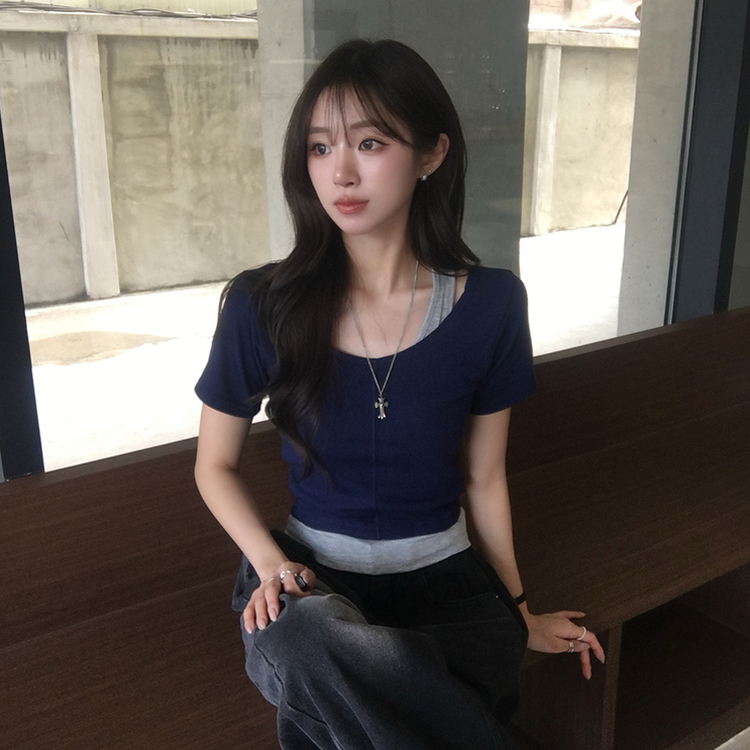 【SET】ホルターネックキャミソール 半袖Tシャツ(5color) NAVY