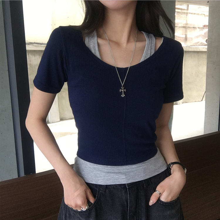 【SET】ホルターネックキャミソール 半袖Tシャツ(5color) NAVY