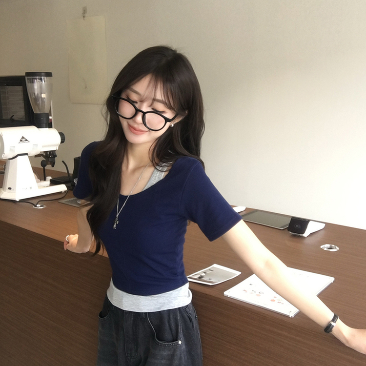 【SET】ホルターネックキャミソール 半袖Tシャツ(5color) NAVY