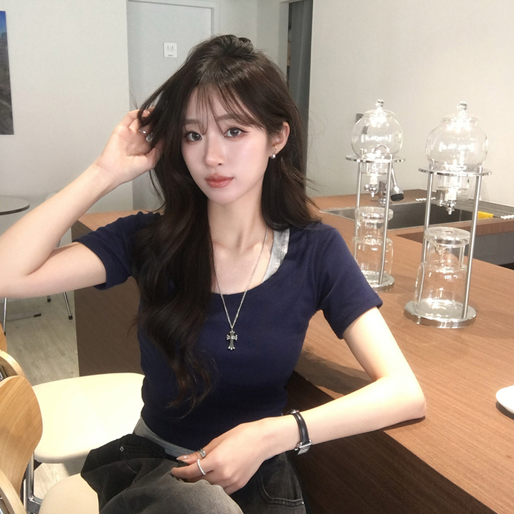 【SET】ホルターネックキャミソール 半袖Tシャツ(5color) NAVY