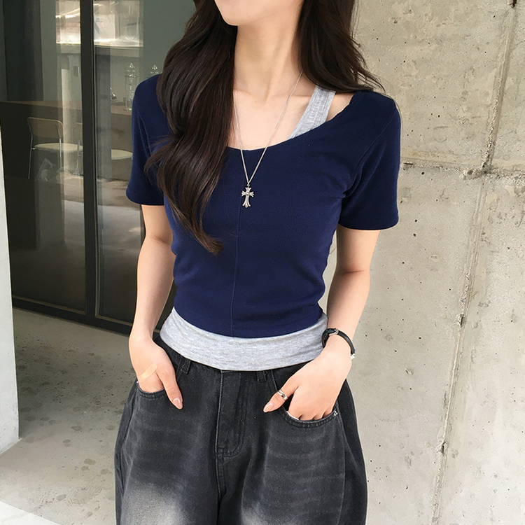 【SET】ホルターネックキャミソール 半袖Tシャツ(5color) NAVY