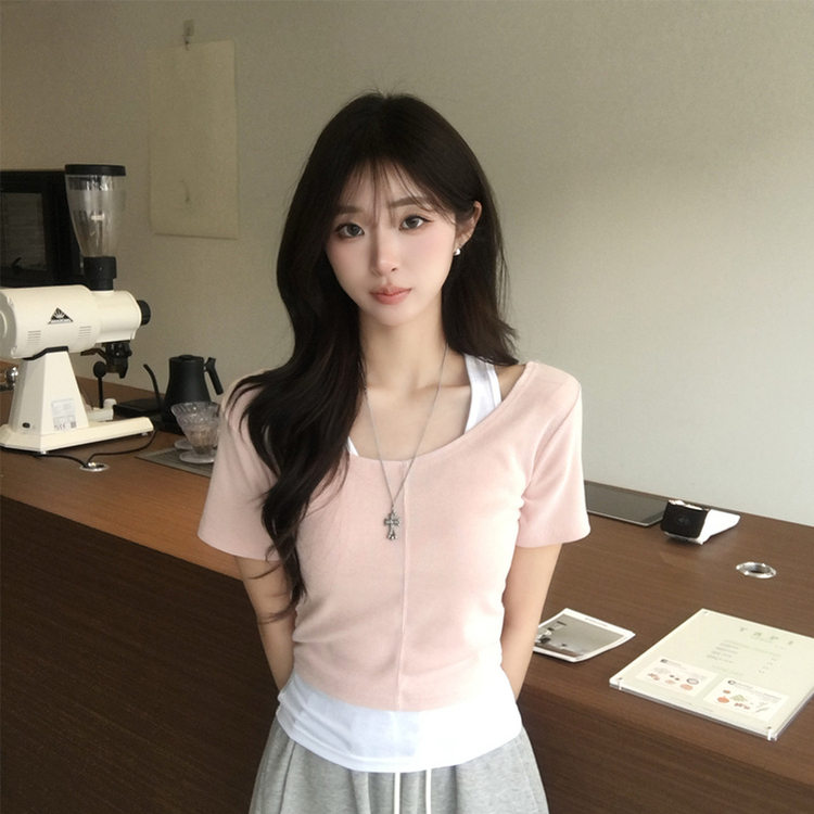 【SET】ホルターネックキャミソール 半袖Tシャツ(5color) PINK