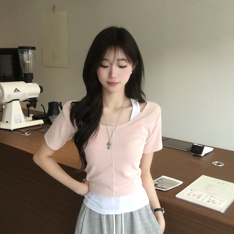 【SET】ホルターネックキャミソール 半袖Tシャツ(5color) PINK