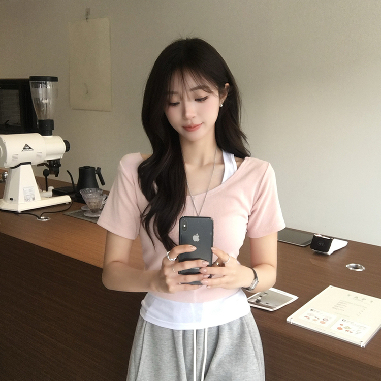 【SET】ホルターネックキャミソール 半袖Tシャツ(5color) PINK