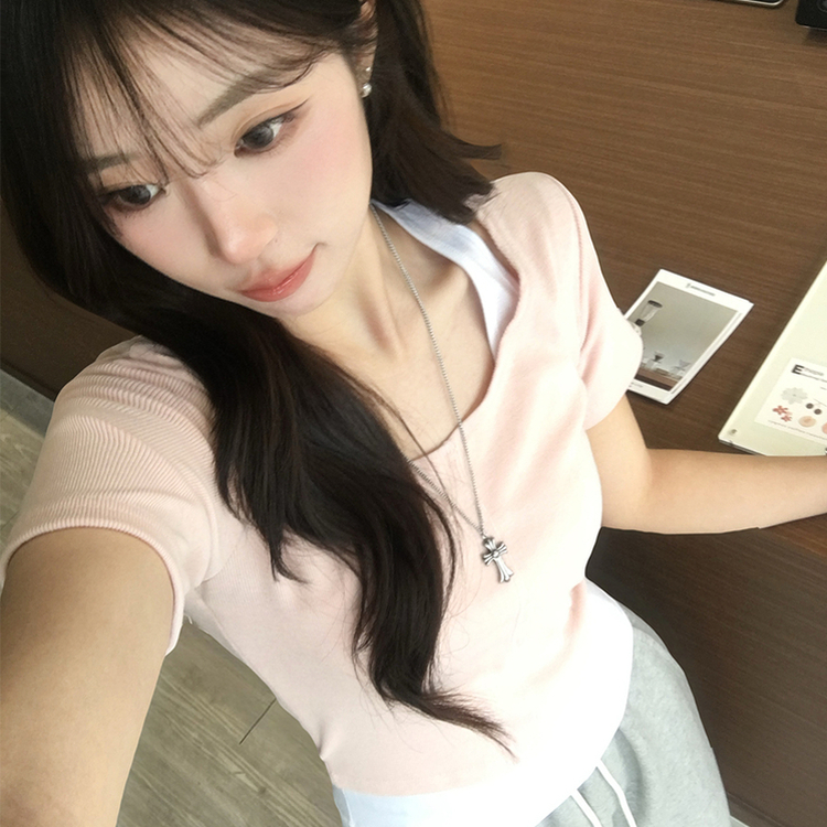 【SET】ホルターネックキャミソール 半袖Tシャツ(5color) PINK