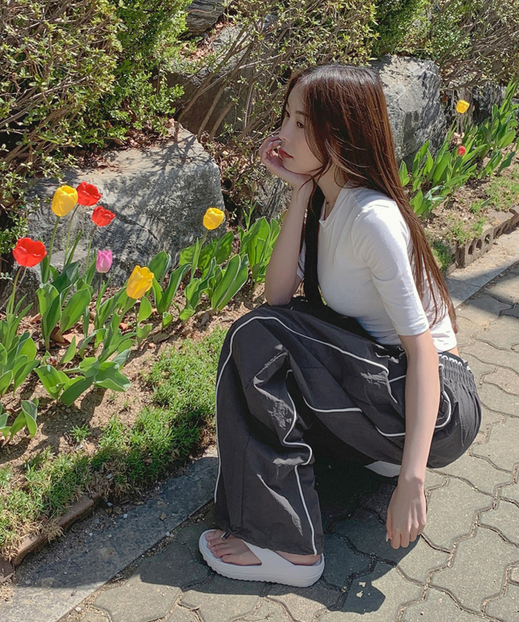 【丈別】バイカラーワイドジョガーバンドパンツ CHARCOAL